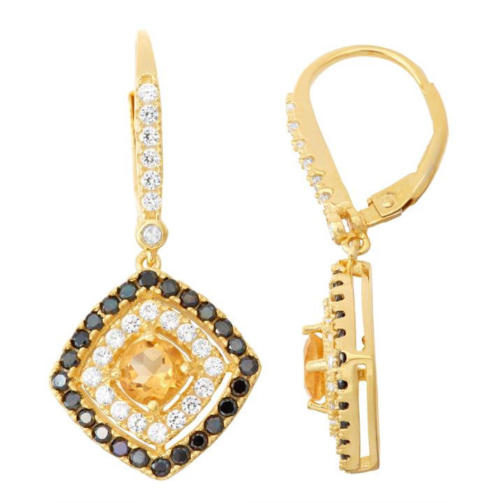 Genuine Citrine, Genuine Black Spinel, And Diamond Accent 14k Gold Over Silver Earrings