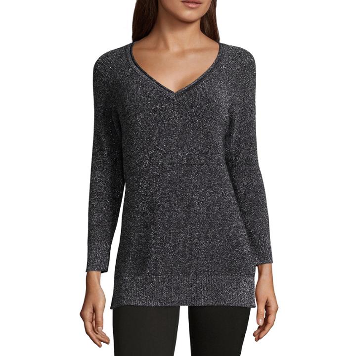Liz Claiborne 3/4 Sleeve V Neck Metallic Sweater