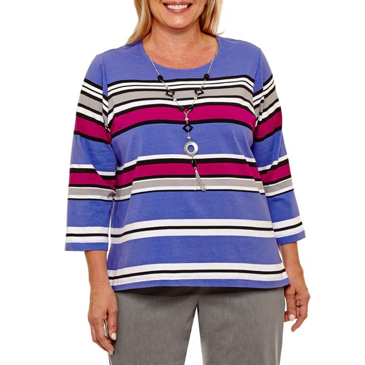 Alfred Dunner Closet Case 3/4 Sleeve Stripe T-shirt With Necklace- Plus
