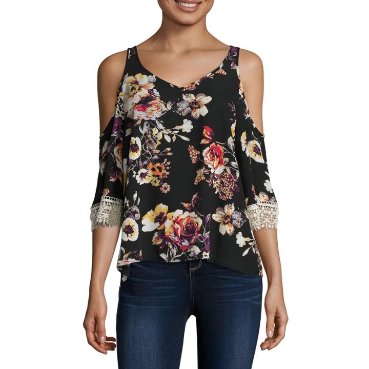 Eyeshadow 3/4-sleeve Floral-print Cold-shoulder Top - Juniors