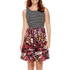 Dqt Sleeveless Striped Floral Fit-and-flare Scuba Dress - Petite