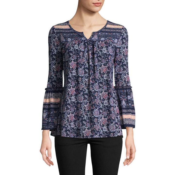 Como Blu 3/4 Sleeve Split Crew Neck Knit Ruffled Blouse