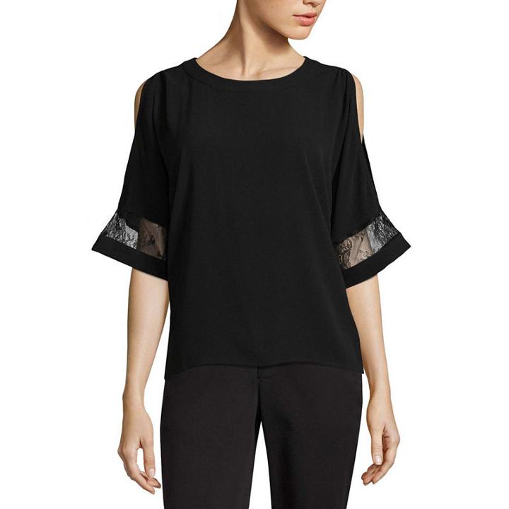 Worthington Elbow Sleeve Crew Neck Crepe Blouse-petite