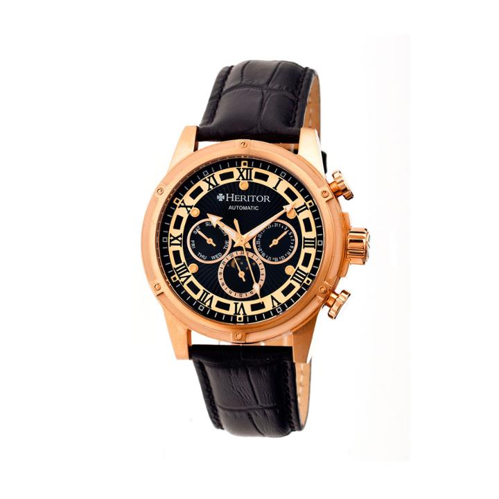Heritor Automatic Kinser Mens Leather Day & Date-rose Gold Tone/black Watch
