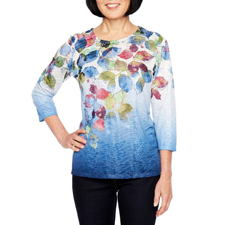 Alfred Dunner Classics 3/4 Sleeve Jewel Neck Leaf T-shirt-womens