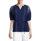 Liz Claiborne 3/4 Puffed Sleeve Embroidered Peasant Top