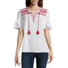 Liz Claiborne Short Sleeve Split Crew Neck Woven Embroidered Ruffled Blouse