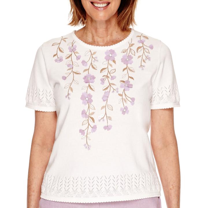 Alfred Dunner Lavender Fields Short-sleeve Floral-yoke Sweater - Petite