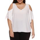 Bisou Bisou Short Sleeve Cold Shoulder V Neck Woven Blouse-plus