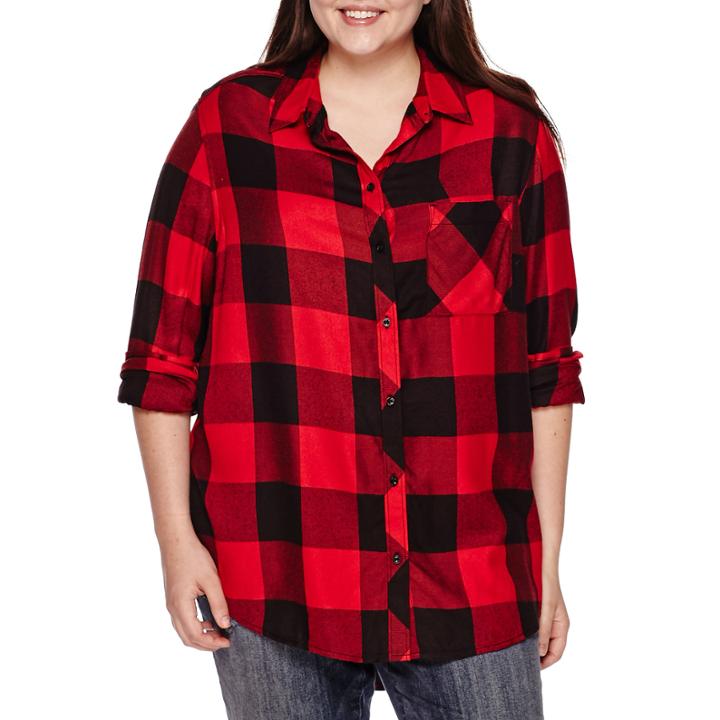 Arizona Long-sleeve Boyfriend Plaid Shirt- Juniors Plus