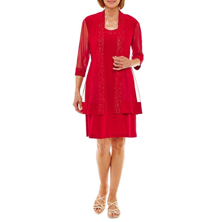 R & M Richards 3/4 Sleeve Embellished Jacket Dress-petites