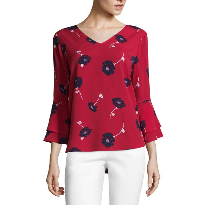 Liz Claiborne 3/4 Bell Sleeve V Neck Woven Blouse