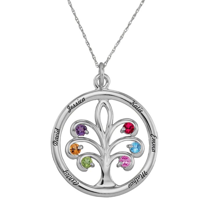 Personalized 10k White Gold Family Tree Birthstone Pendant Necklace
