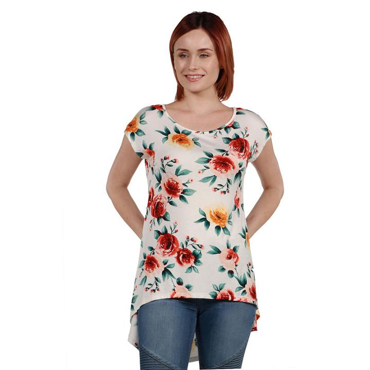 24seven Comfort Apparel Jenna White Floral Hi Lo Tunic Top