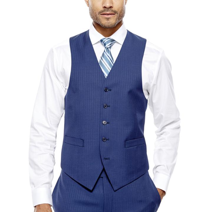 Collection By Michael Strahan Blue Herringbone Suit Vest - Classic Fit