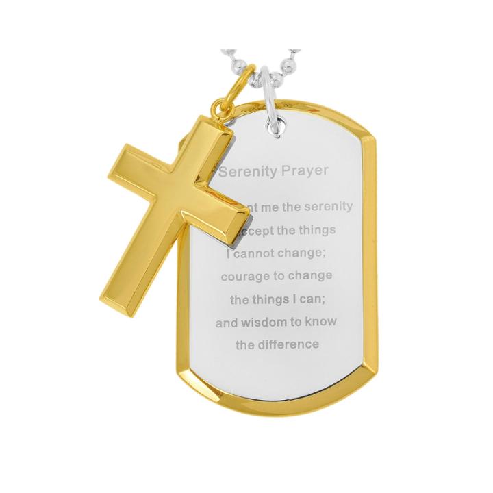 Mens Two-tone Stainless Steel Serenity Prayer Cross Pendant Necklace