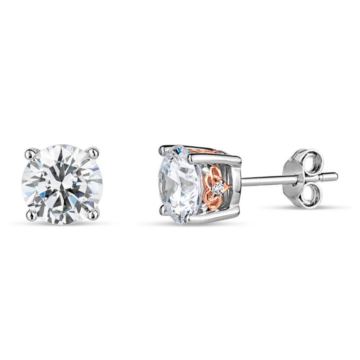 Sterling Silver Two-tone Filigree Sides Stud Earings Featuring Swarovski Zirconia