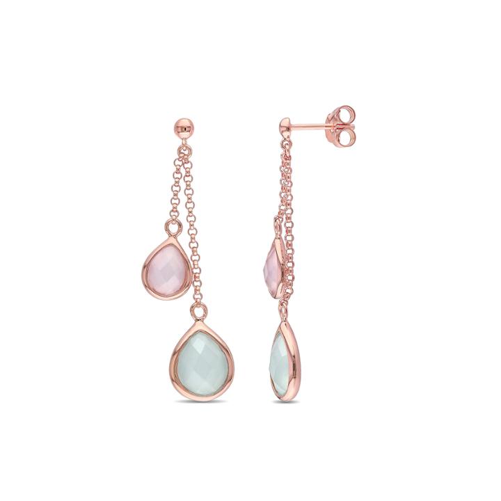 Pear-shaped Genuine Green And Pink Chalcedony Rose Gold Over Silver Double-drop Dangle Earrings