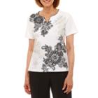 Alfred Dunner Easy Going 3/4 Sleeve Split Crew Neck Scroll T-shirt-womens Petites