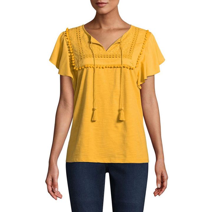 St. John's Bay Short Sleeve Flutter Sleeve Peasant Top