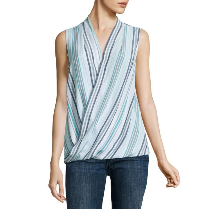 Liz Claiborne Sleeveless V Neck Woven Stripe Blouse