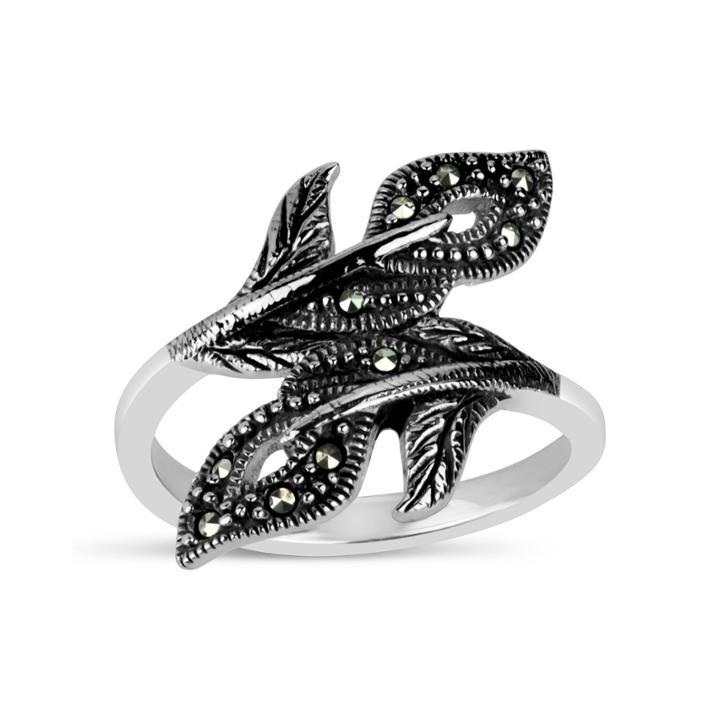 Womens Black Marcasite Sterling Silver Bypass Ring
