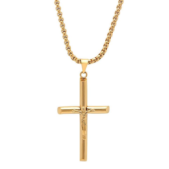 Steeltime Mens 18k Gold Over Stainless Steel Cruifix Cross Pendant Necklace