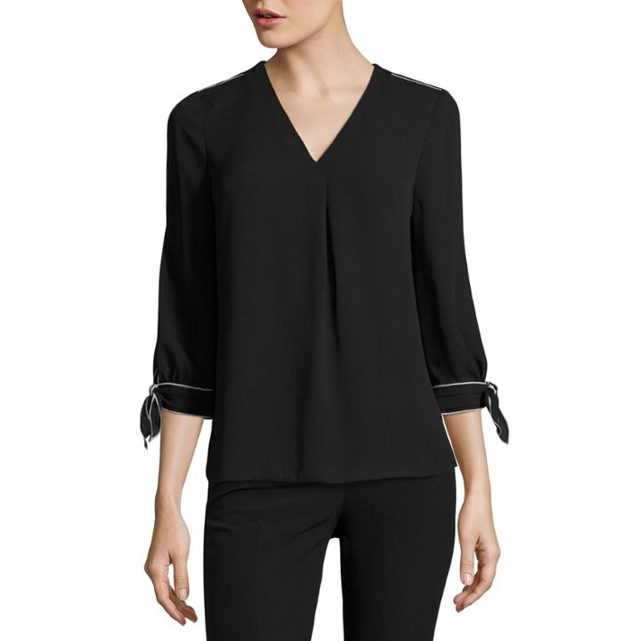 Worthington 3/4 Tie Sleeve V Neck Georgette Blouse