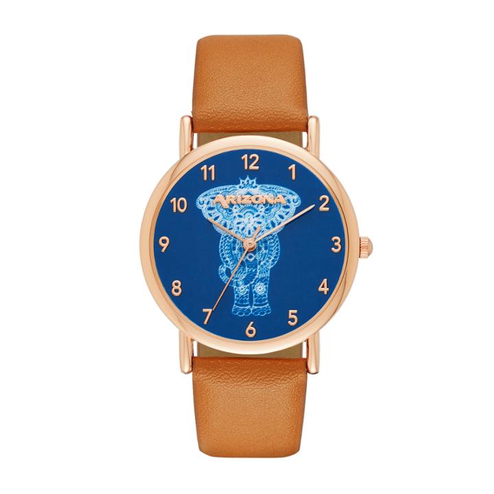 Arizona Womens Gold Tone Elephant Dial Brown Strap Watch