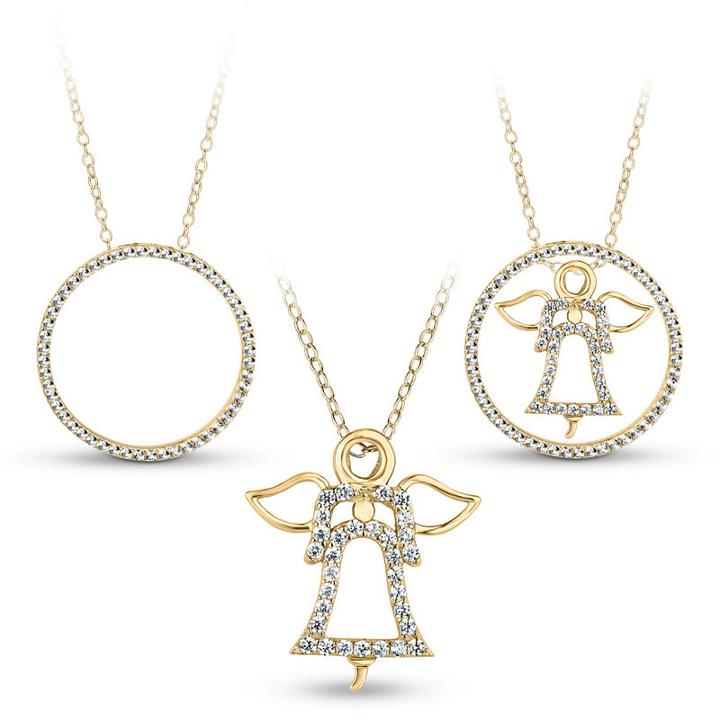 18k Gold Over Silver 3-in-1 Cubic Zirconia Circle Angel Necklace