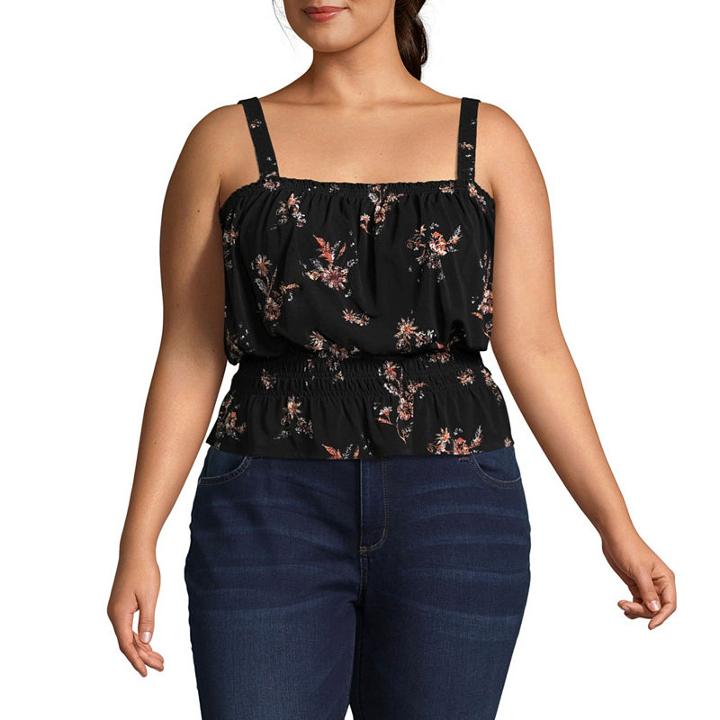 Arizona Short Sleeve Straight Neck Knit Floral Blouse-juniors Plus