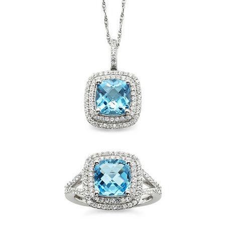 Genuine Blue Topaz & Lab-created White Sapphire Pendant Necklace & Ring Set