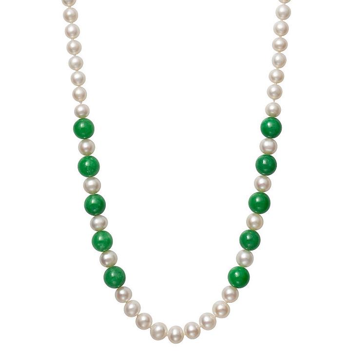 Womens 7mm Green Jade Cultured Freshwater Pearls Sterling Silver Round Strand Necklace