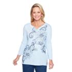 Alfred Dunner Out Of The Blue 3/4 Sleeve Split Crew Neck T-shirt-womens