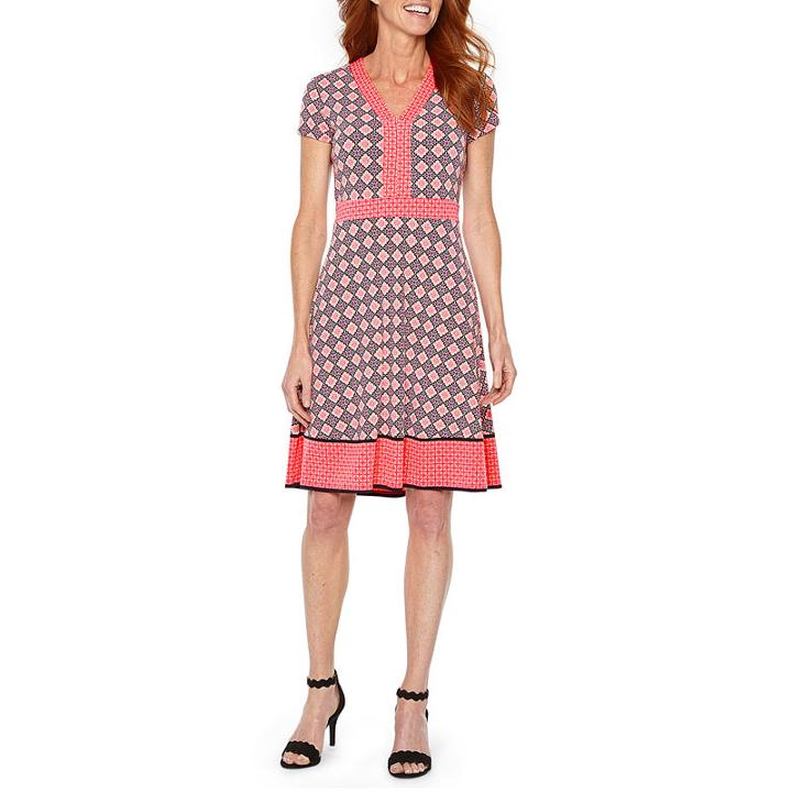 Liz Claiborne Short Sleeve Geometric Fit & Flare Dress