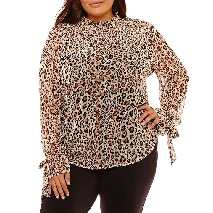 Belle + Sky Long Sleeve Mock Neck Woven Ruffled Blouse-plus