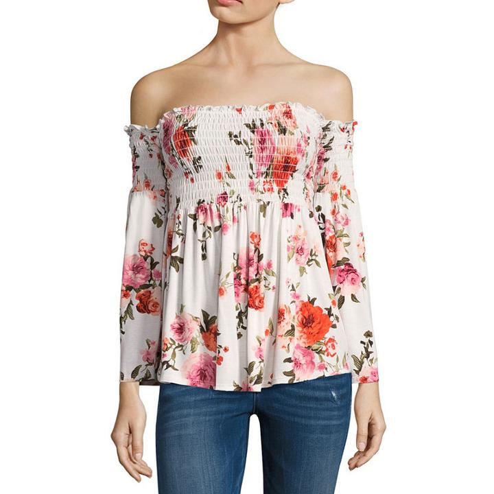 Cut And Paste Long Sleeve Off Shoulder Jersey Blouse-juniors
