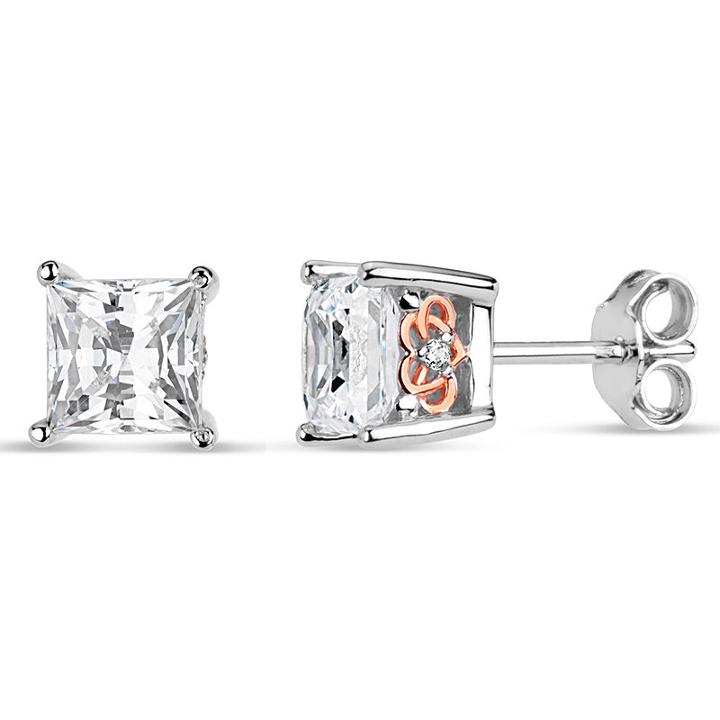 Sterling Silver Two-tone Square Filligree Sides Stud Earrings Featuring Swarovski Zirconia