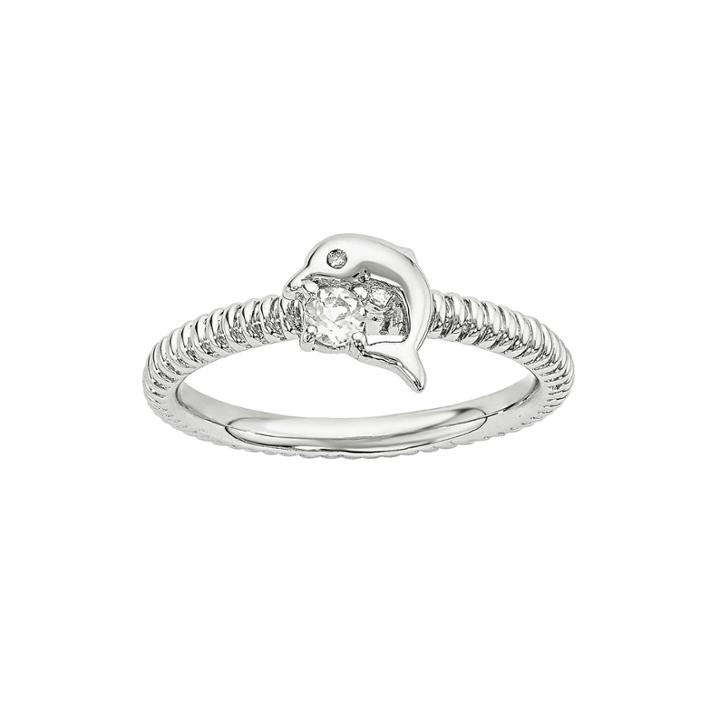 Genuine White Topaz And Diamond-accent Sterling Silver Stackable Dolphin Ring