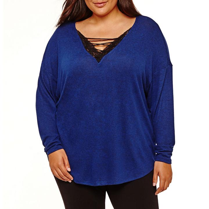 Bold Elements Cozy Lace Up V Neck Knit Blouse-plus