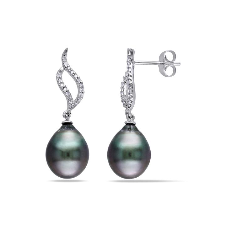 1/10 Ct. T.w. Diamond And Black Tahitian Pearl 10k White Gold Earrings
