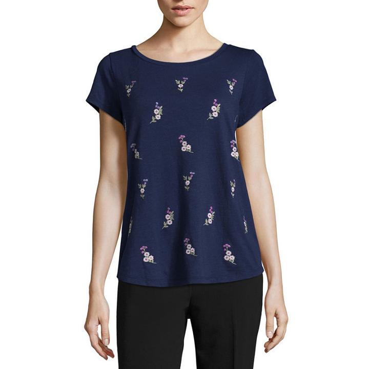 Liz Claiborne Short Sleeve Embroidered Tee - Tall