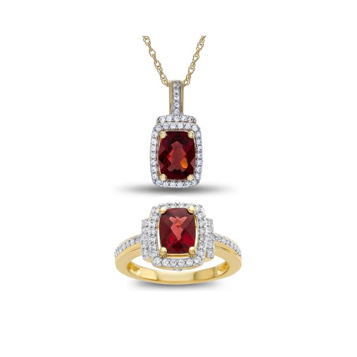 Genuine Garnet & Lab Created White Sapphire 2 Pc- Boxed Set In 14k Gold Over Silver