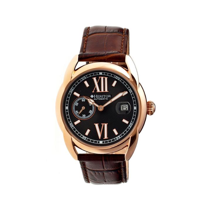 Heritor Automatic Burnell Mens Leather Date-rose Gold/black/brown Watches