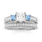 Diamonart White And Blue Cubic Zirconia Sterling Silver 3-stone Princess-cut Bridal Ring Set