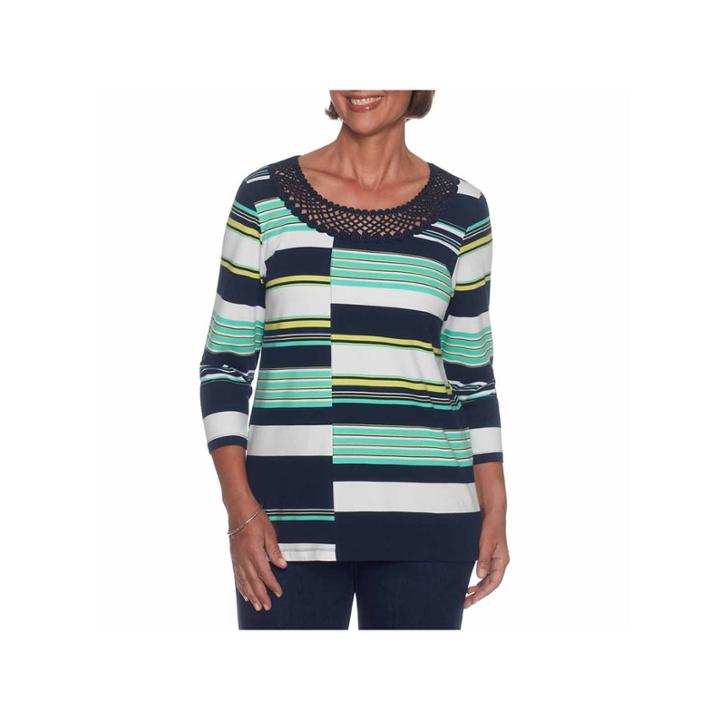 Alfred Dunner Montego Bay 3/4 Sleeve Scoop Neck Stripe T-shirt-womens