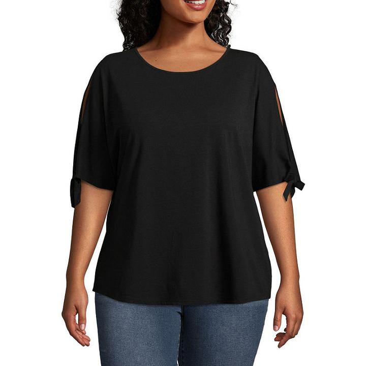 Boutique + Short Tie Sleeve Knit Blouse - Plus