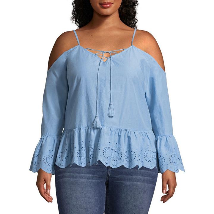Arizona Eyelet Cold Shoulder Woven Blouse- Juniors Plus