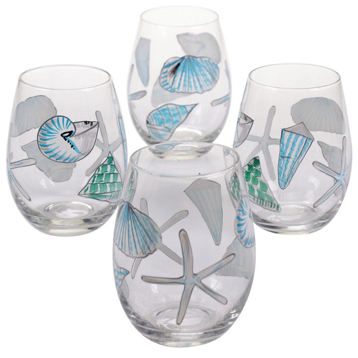 Certified International Sea Finds Set Of 4 Hand-painted Stemless Wine Glasses
