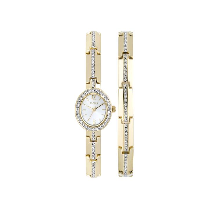 Elgin Womens Gold-tone And Crystal Watch And Bracelet
